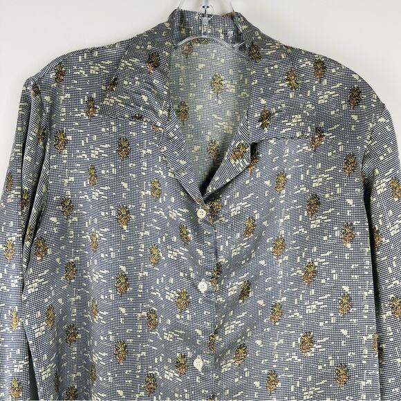 Vintage blue tan floral cottagecore checked satin button front shirt top medium - Picture 2 of 6